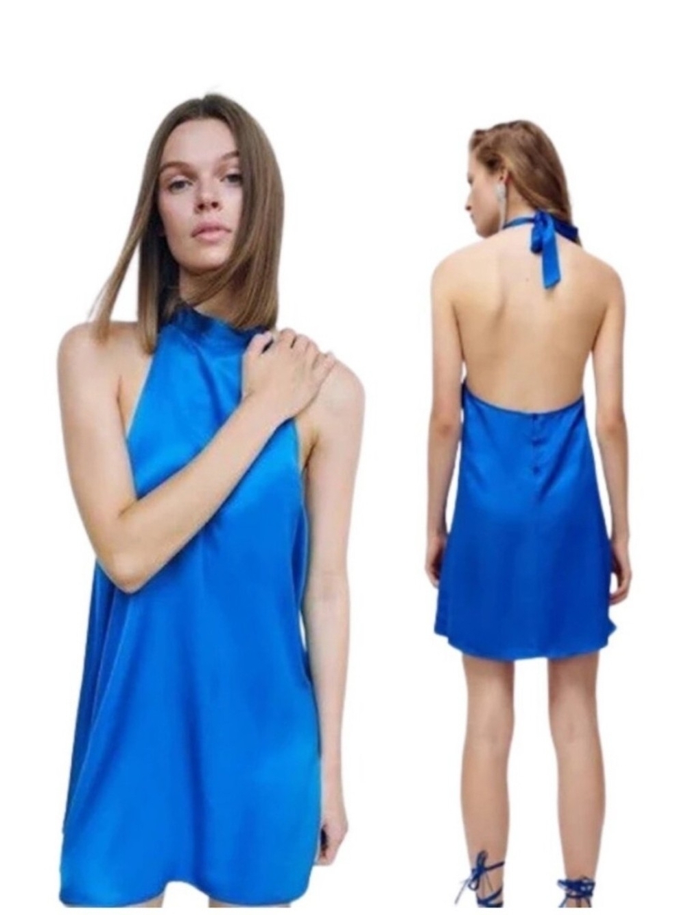 ZARA Blue Halter Satin Mini Dress - Sleek Open-Back Style